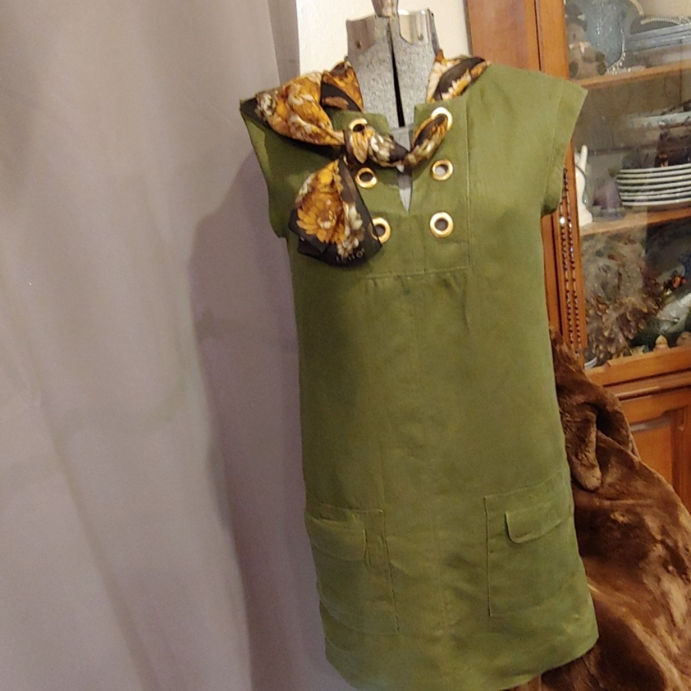 J Crew Green Linen Shift Dress W/ Grommets - Picture 1 of 7